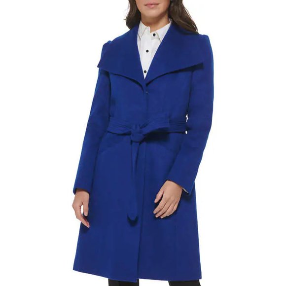NWT Karl Lagerfeld Women's Belted Wool Blend Coat Blue Size XS $180 3B102